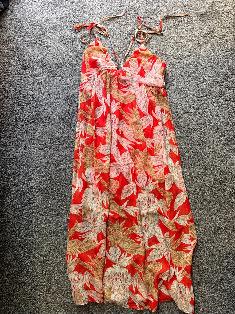 Pink Lily Red Tropical Leaf Maxi Dress with Tie Straps